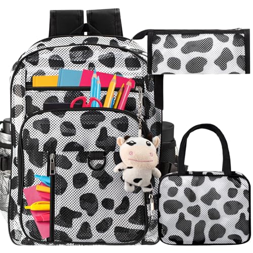 Image of Silkfly 3 Pcs Mesh Backpack Set, Heavy Duty Semi-transparent Bookbag with Lunch Bag Pencil Case for Travel, Beach, Sports