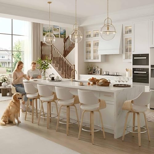 Image of 26'' Modern Barrel Swivel Counter Stools Counter Height Swivel Bar Stools with Backs Set of 6, Beige Chenille Upholstered Bar Height stools, Farmhouse Solid Wood Barstools for Kitchen Island, Home Bar