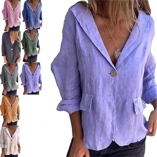 Cotton and Linen Casual Lapel Single-Button Thin Coat, Linen Blazer Women Lightweight 3/4 Sleeve Summer Lapel
