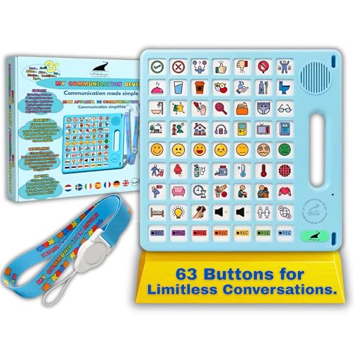 8 Languages AAC Device for Autism 63 Buttons Communication Board for None Verbal Stroke Survivors Speech Support TBI Talking aid Tool for Delayed Speech terapy Ajustable Lanyard.