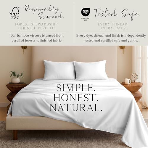 Image of KARISSA MAE Bamboo Viscose 34 inch Split Top King Size Sheet Set, FSC Certified | Single 34 inch Split Fitted Sheet | Sleep Number & Adjustable Bed | Cooling | 18 inch Deep Pocket w / Corner Straps [White]
