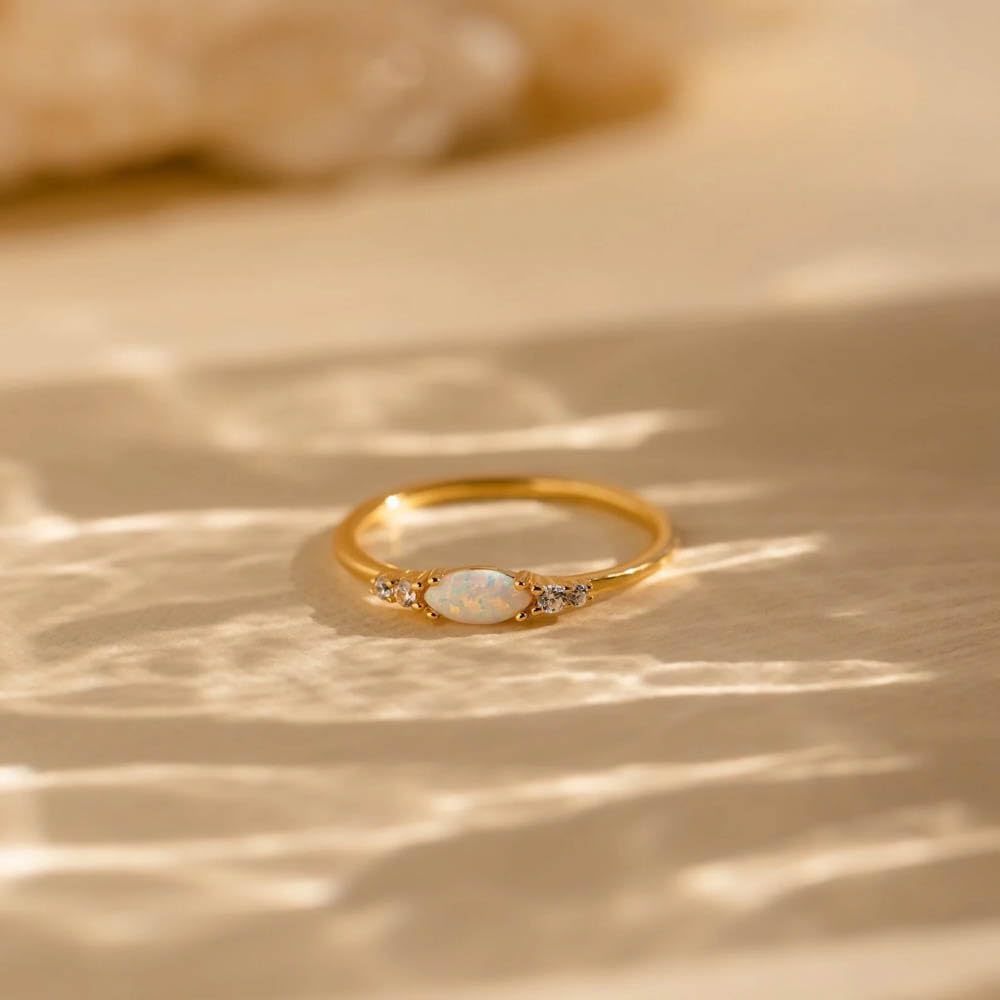 CAITLYNMINIMALIST 18K Gold Dainty Band White Oval Opal Stone Ring for Women Gift for Her