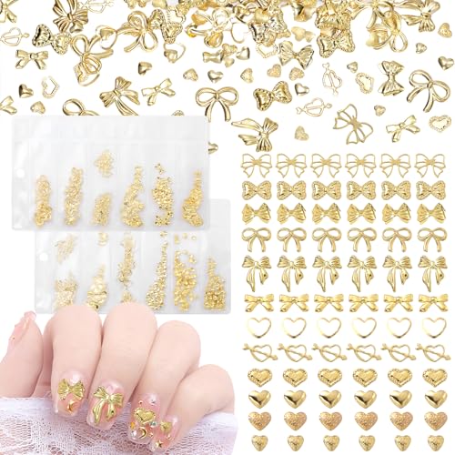 Gold Bows Nail Charms, Flatback Small Bow Heart Gold Nails Charms, Bowknot Hearts Golden Nail Art Studs for Nails Art DIY