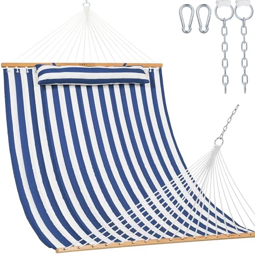 Image of Lazy Daze Hammocks 12FT Quilted Fabric Double Hammock with Spreader Bars and Detachable Pillow, 2 Person, 450lbs Capacity, Blue White