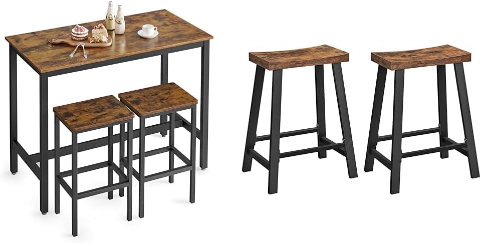 VASAGLE 2-Piece Bar Table and Stool Set, Industrial Rustic Brown and Black Kitchen Breakfast Bar
