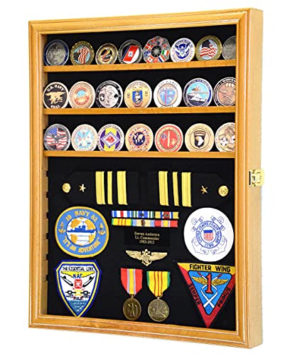 56 Challenge Coin Display Case Cabinet - Fully Adjustable Shelves - Larger Coins - 98% UV Protection (Oak Finish)