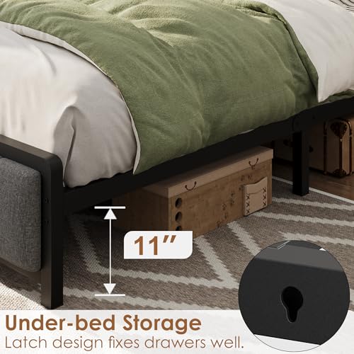 Image of GAOMON Full Size Bed Frame with Storage Headboard and 2 Drawers, Linen Upholstered Platform Bed Frame with Charging Station, Heavy Duty, No Box Spring Needed, Easy Assembly, Noise Free, Grey&Brown