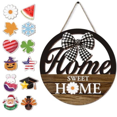 Interchangeable Spring Welcome Sign for Front Door with 12 Changeable Icons Rustic Door Decor Home Farmhouse Porch Wall Seasonal Hanging for Spring Summer Fall Winter Holidays