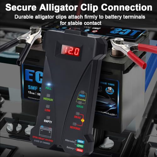 Image of STHIRA 12V Digital Car Alternator Battery Tester LED Display Status Indicators Alligator Clips Reverse Polarity Protection Quick Diagnostics for Cars Motorcycles Boats Battery Voltage Meter