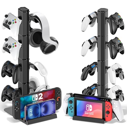 Soporte para Auriculares y Mandos, 4 Ganchos para Auriculares Extraíbles, Universal Soporte para Mando con Organizador de Cables, Accesorios Gaming Almacenamiento, Compatible con PS5/Xbox/Switch