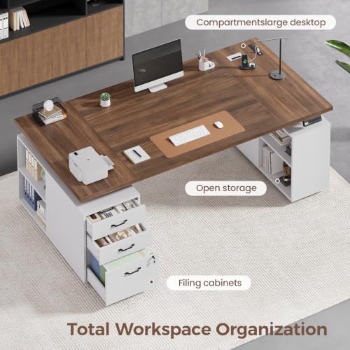 AODEMOKO 71" Electric Standing Desk with Drawers, Electric Height Adjustable Executive Desk with Lockable File Cabinet, Home Office Desk, Open Storage Compartments, Built-in Power Outlet, White - Image 7