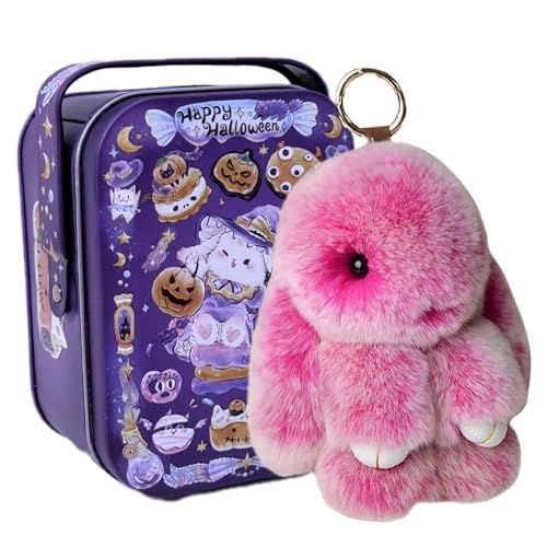 MINGRI Cute Bunny Keychain With Tin, Halloween Charm Bunny Keychain Fluffy With Box for Kids,Backpack,Purse,Handbags