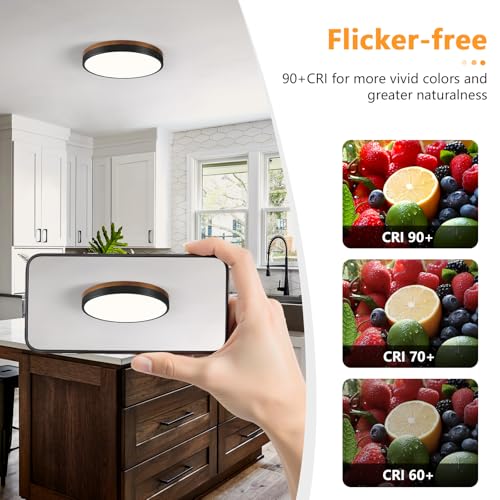 Image of Modern Walnut Wood Black Flush Mount Ceiling Light 11.81 Inch
