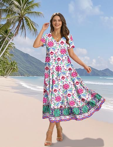 Image of YESNO Women's Summer Maxi Dresses Casual Floral Short Sleeve V Neck Boho Beach Vacation Swing Dress with Pockets EVF