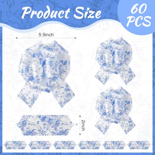 Riceshoot 60 Pcs Blue Floral Pull Bows 6 Inch Large Ribbon Gift Wrapping Bows for Spring, Summer Tea Parties, Weddings, Birthday, Graduation Holiday Decorations Housewarming Gift Wrapping by Riceshoot - Used condition - Image 3