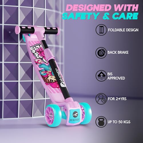 Image of Konex Kick Scooter for Kids (2+ Years) | 3 Broad Rubber Wheels for Smooth Ride | 4-Level Height Adjustable Handle | Foldable & Portable with Back Brake (Pink-Sea Green, ECO)