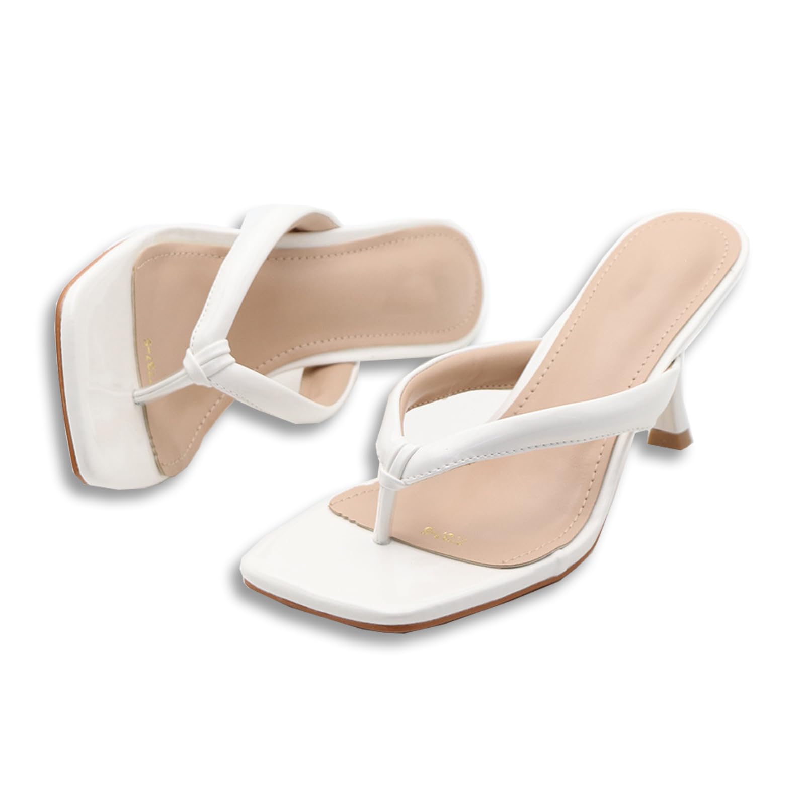 NEJKG Women's Open Square Toe Kitten Heels Thong Sandals Lightweight Non Slip Comfortable Slip-On Dress Heels Sandals for Party Vacation Summer