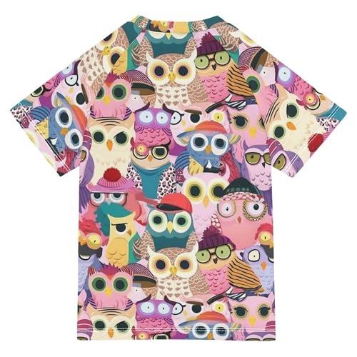 Colorful Pattern with Cute Cartoon Owls Girls Bathing Suit Short Sleeves Active Shirts Swimwear Beach Tops 3T2