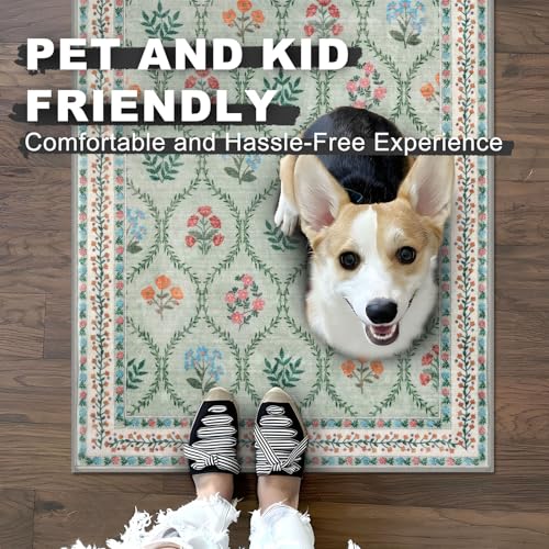 KILOCOCO 2x6 Runner Rug, Moroccan Super Soft Washable Hallway Entryway Runner Rug, Accent Print Faux Wool Kitchen Runner Rug 6 Feet Non-Slip Boho Rug Runner for Laundry Room Bedroom, Green