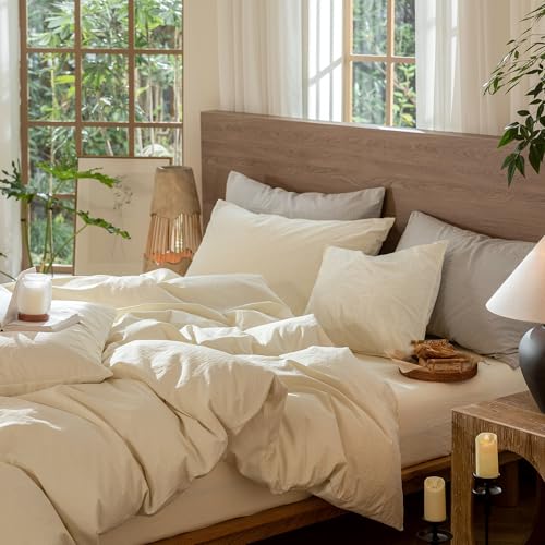 Image of MooMee Wavy Striped Duvet Cover Set 100% Washed Cotton Linen Like Textured Breathable Durable Soft Comfy (Cream White, King 104 inchx90 inch)