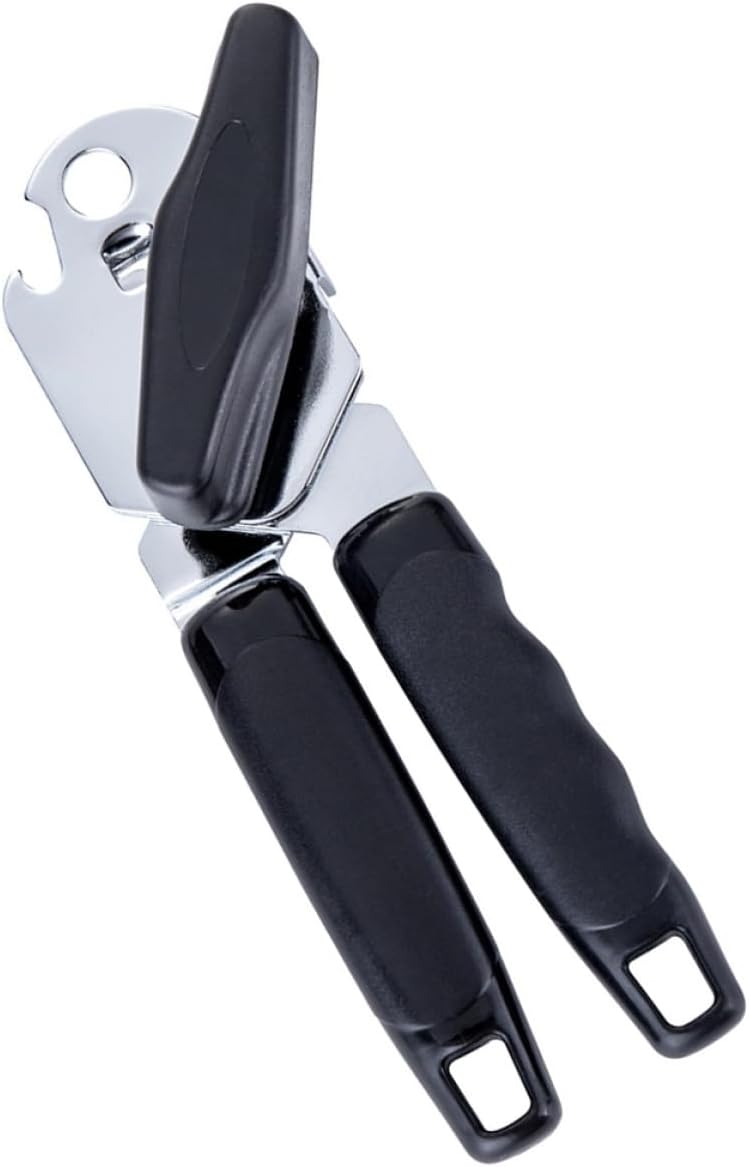 HOMSFOU Multifunctional Manual Can Opener with Bottle Opener Handheld Can Lid Cutter Non-slip Black Kitchen Gadget for Home and Camping Use