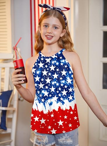 Image of BesserBay Girls Summer Back Button Halter Neck Tank Top Cold Shoulder Casual Blouse Pleated Sleeveless Shirts 5-14 Years