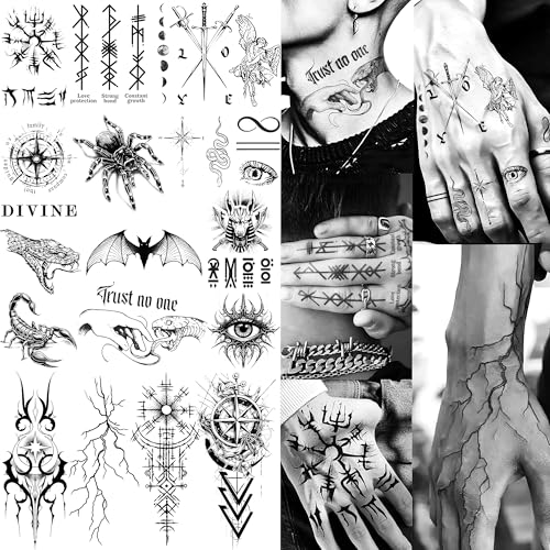 15 Sheets Cool Y2K Compass Arrow Temporary Tattoos For Men Women Adults, Realistic 3D Spider Snake...