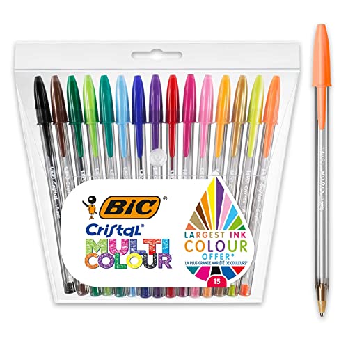 BIC Cristal Multicolour Stylos-Bille (Pointe Large (1,6 mm) / Parfait pour l'Ecole et au Bureau) - Couleurs Assorties, Pochette de 15
