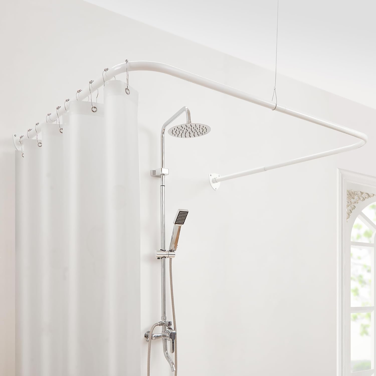 Shower Curtain Pole, U Shaped Shower Curtain Rail for Bathroom, Clothing Store, 304 Stainless with 12 Ring Hooks & Ceiling Support [ Both Sides: 60cm - 132cm, Middle: 78cm - 118cm ] (White)