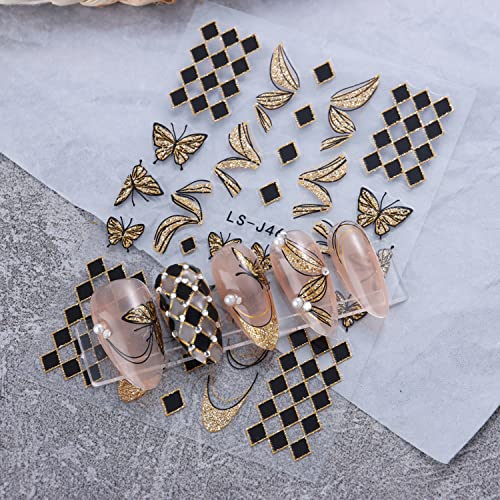 Gold Nail Art Stickers, Wave Line Chains Flame Stars Flowers Leaf Clocks Watches Nail Self-Adhesive Sticker Designs, 3D Gold Nail Transfer Decals for Women Manicure Charms Decorations Nail Art Tips