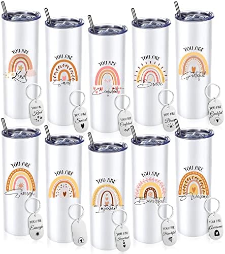 Bokon Yaomiao 10 Pack 20oz Tumbler Bulk Thank You Gift for Women Inspirational Rainbow Stainless Steel Tumbler Vacuum Insulated Tumblers with Lid Travel Mug, Suitable for Hot Beverage and Ice Drinks