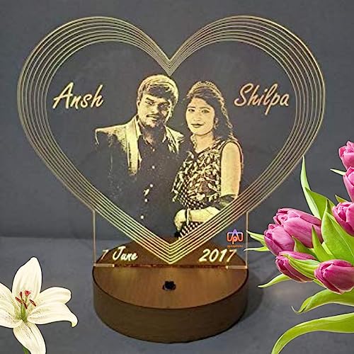 Image of Apna Photo Heart Shape 3D Illusion Led Lamp 16 Color Changing Customized and Personalized Photo Frame with Any Photo and Name (Multicolour, 20X18 Cm, Acrylic, Pack of 1)