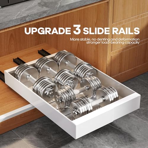 2 Pack Expandable Pull Out Cabinet Organizer 21" Deep with Raising Pad for Framed Cabinets,Upgrade 3 Slide Rails Slide Out Drawers,Roll Out Shelves Adhesive,Adjustable Width 9"-14.1" White