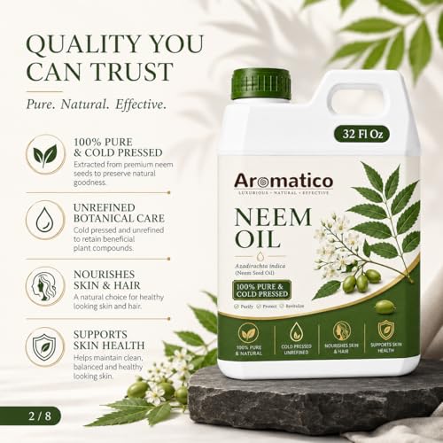 Image of AROMATICO Neem Oil for Skin, Hair and Body Care, Multipurpose Carrier Oil for Massage, Scalp Care, Dry Skin Routine, DIY Beauty and Natural Glow - 946 ml
