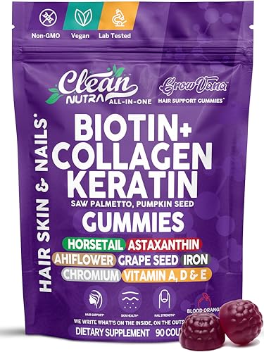 Biotin Gummies for Hair Growth Hair Vitamins for Women with Collagen Keratin Zinc Saw Palmetto Horsetail Astaxanthin Pumpkin Seed MSM Grape Seed Iron Vitamins A D E GrowVana by Clean Nutra 90 Count