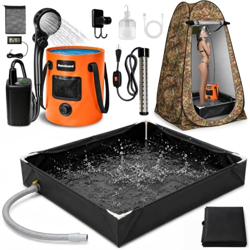 Sistema de ducha portátil mejorado con base plegable, tienda de privacidad para camping con calentador y luces LED, base exterior para RV, playa, baño de mascotas, lavado de autos y ducha interior