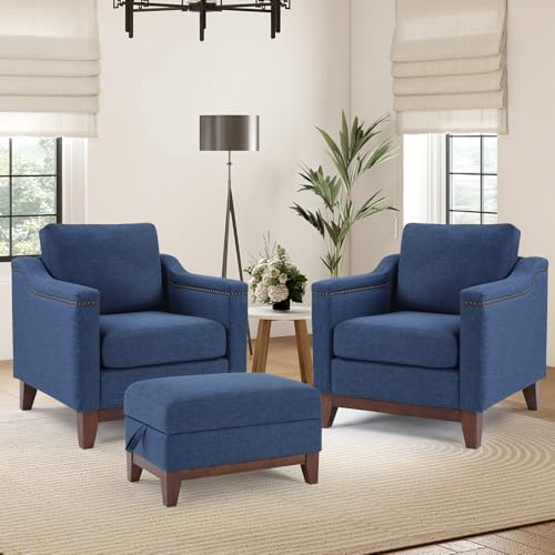 Image of 2 Piece Chenille Sofa Set with Nailhead Trim, Included Accent Chair Set of 2 with Thicked Cushion and Upholstered Storage Ottoman with Flip-Top Table, Living Room Furniture Set,Blue