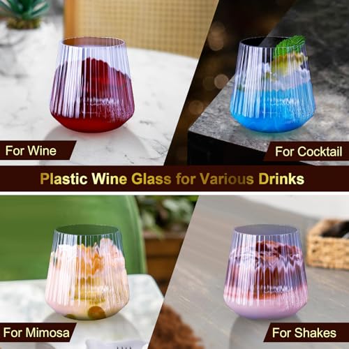 Image of Lueumxc 40 Pack Plastic Ribbed Wine Glasses, 14Oz Origami Disposable Wine Glasses Unbreakable Clear Plastic Cocktail Glasses Recyclable Shatterproof Reusable Wine Cups (14oz-blue-40pack)
