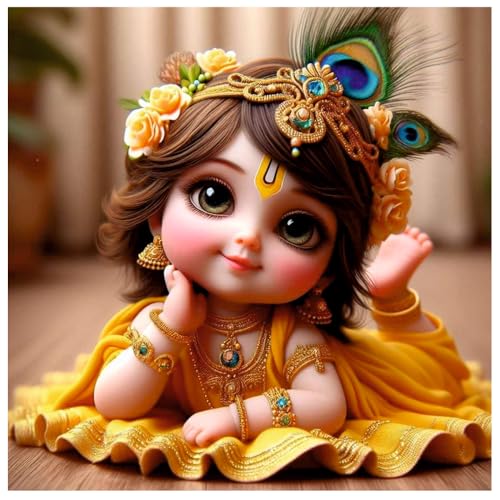 Image of Akki Wold Yellow Baby Krishna On Farsh With 2-Feather Wall Poster For Living Room, Office, Pooja Room (Size - 41CM X 41CM)