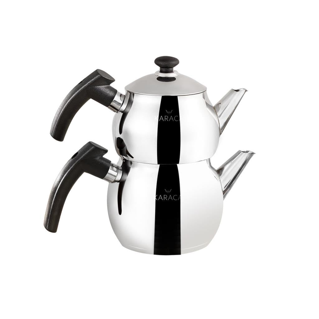 Karaca Adelya – Mini théière turque en acier inoxydable avec couvercle – Théière turque de 0,65 litre et réservoir d'eau de 1 litre) – Théière en bakélite noire qui ne brûle pas – Théière et