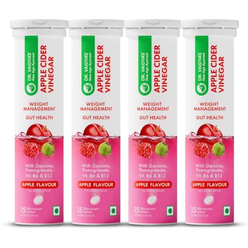 Image of Dr. Vaidya's Apple Cider Vinegar (ACV) Effervescent Tablets with Garcinia, Pomegranate, Vitamin B6 & B12 | Supports Weight Management, Metabolism, Digestion & Gut Health | Tasty Apple Flavour | 15 Tablets per Pack , Pack of 4