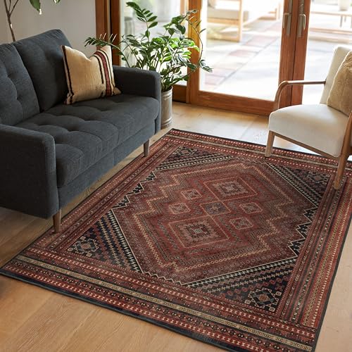 RUGGABLE Washable Vintage Area Rug – Kaden Amber Red 6x9, Stain-Resistant, Non-Slip – Medium Machine Washable Rugs for Living Room, Bedroom, Hallway, Entryway & Office–with Standard Pad