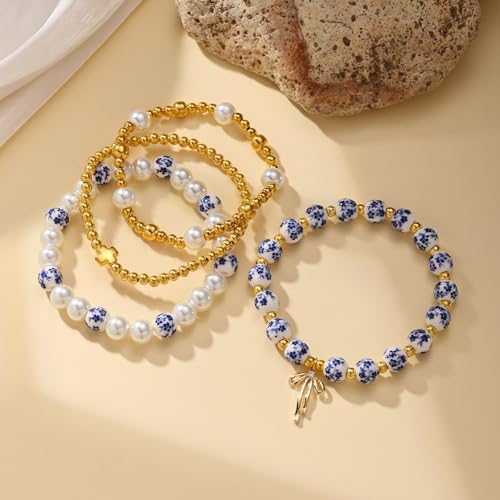 Beads Bow Charm Bracelet Set for Women Cross Flower Bow Stretch Bracelet 18K Gold Pearl Beaded Jewelry Gift3