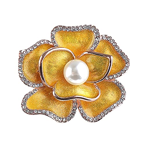 Crystal Yellow Peony Flower Brooch Pin Valentine's Day Pearl Broach Clothes Scarf Pin Jewelry Gift for Girlfriend Wife