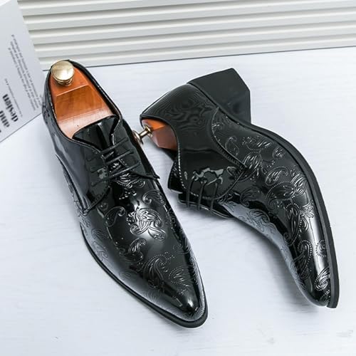 Men's Printing Pointed-Toe Patent Leather Derby Oxford Shoes,Classic Lace-up Low Top Block High Heel Fashion Slip On Prom Business Wedding Dress Shoes4