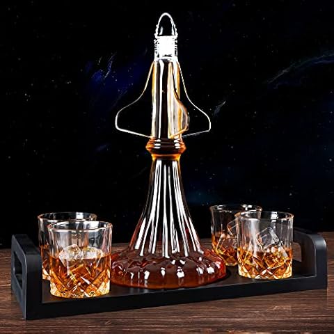 SuJolly Rocket Whiskey Decanter Set for Real Men, Hand Blown Liquor Dispenser with 2 Glasses & Wooden Tray, Alcohol Holder for Bourbon, Scotch or Brandy, Gift for Dad, Husband or Boyfriend Cover
