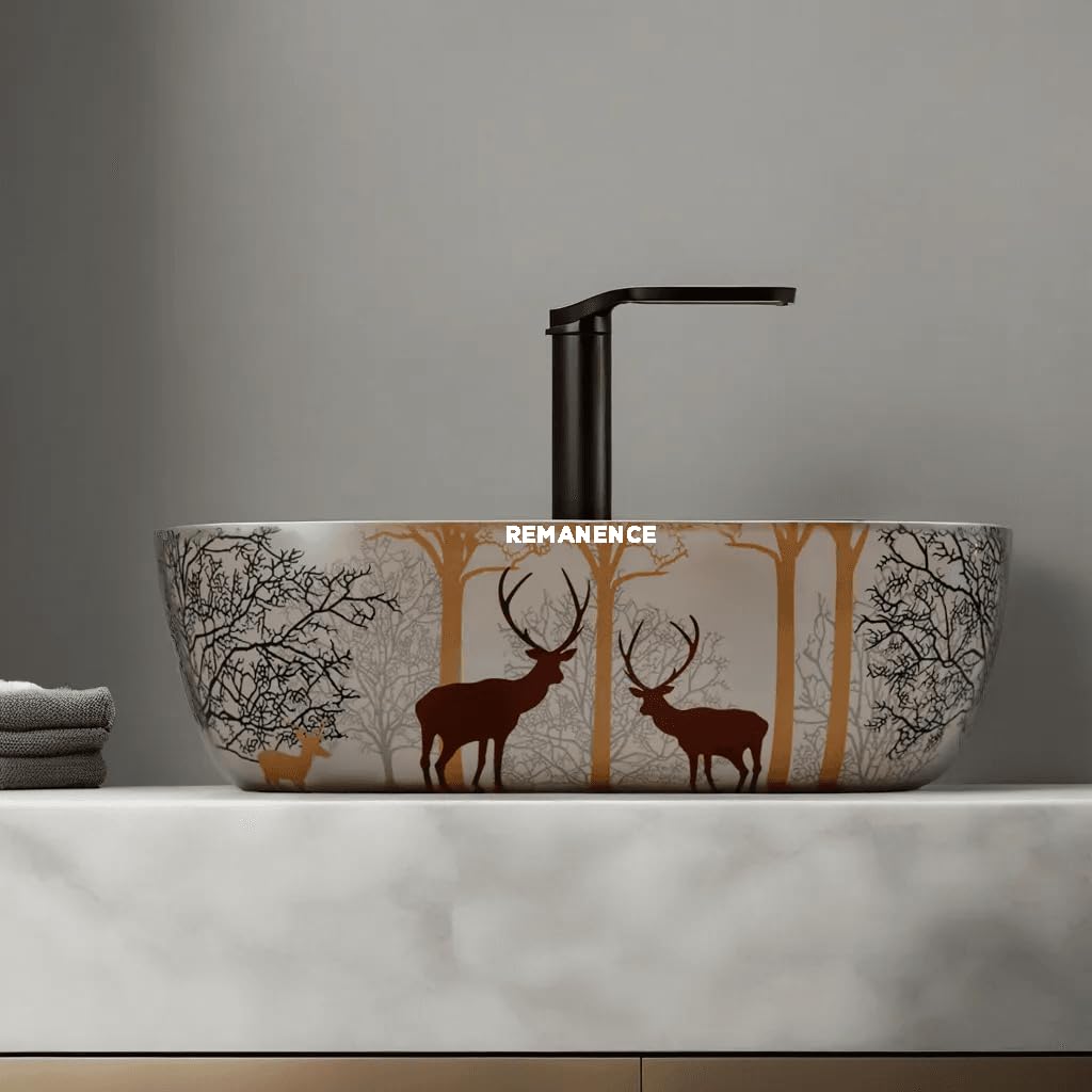 REMANENCE Premium Designer Table Top Ceramic Wash Basin For Bathroom | Over Counter Bathroom Basin | Counter Top Bathroom Sink (18 x 13 x 5.5 Inch) (AD 15 Animal Printed) (B0CQ52SZC7) Amazon Price History, Amazon Price Tracker