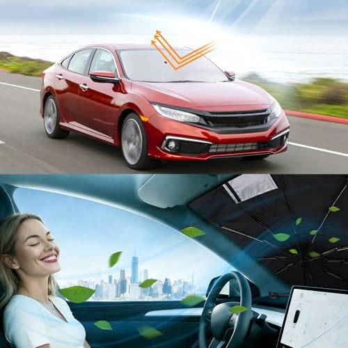 Image of Windshield Sun Shade Umbrella for 2016-2021 Honda Civic | Full covered for windshield, Block UV Rays, Heat Reduction, Easy to install, Durable & Fold Up Small