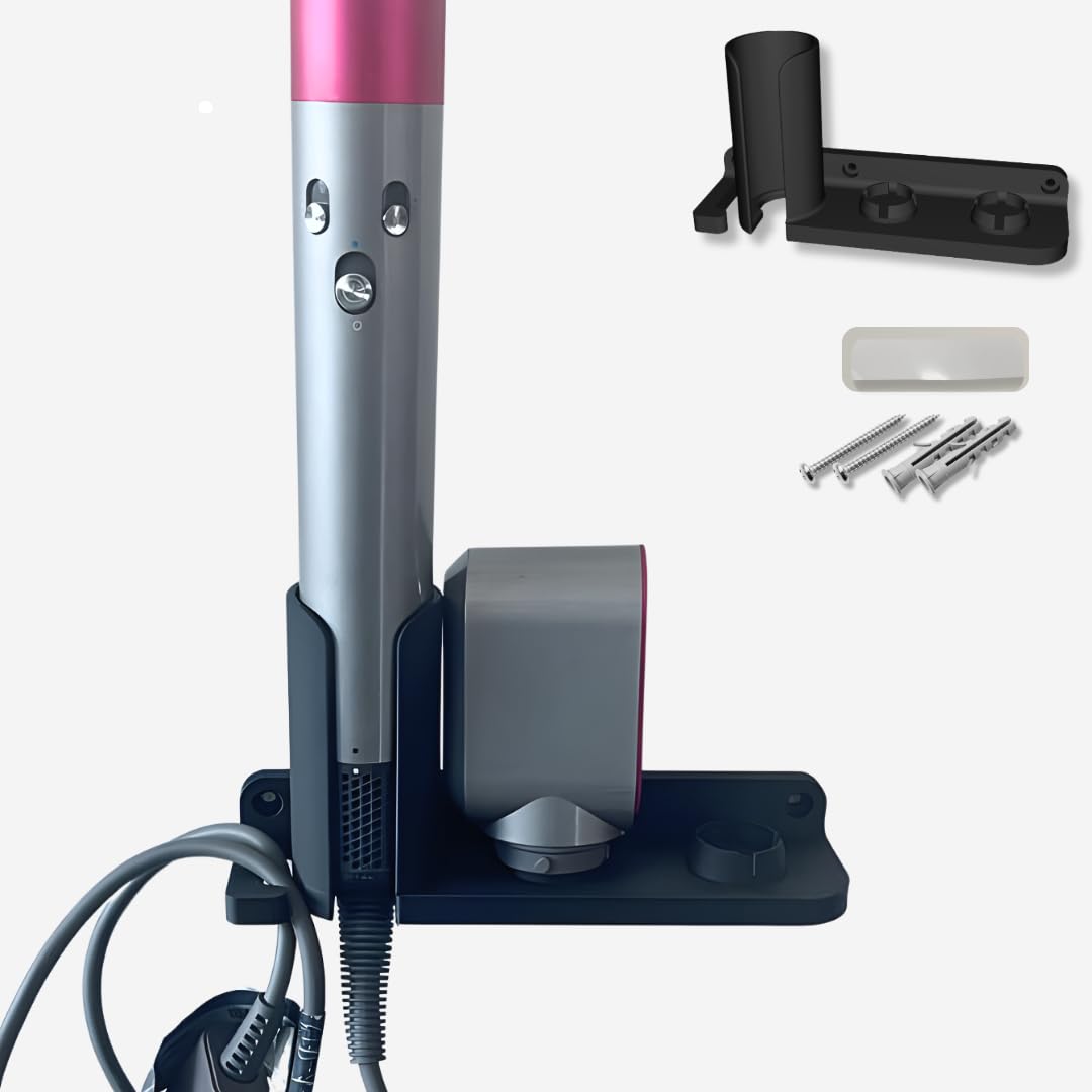 CRYSENDO Wall Mount Holder Compatible With Dyson Airwrap Complete, Long & Multi-Styler | Self-Adhesive Organiser Rack with 2 Slots & Attachment (Black)-image-43