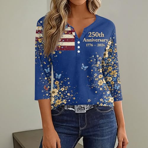 Image of 4th of July Shirts Women 3 /4 Length Sleeve Womens Tops Henley Neck Casual Patriotic T Shirts